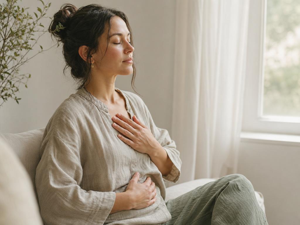 Person sitting mindfully with hand on heart and belly