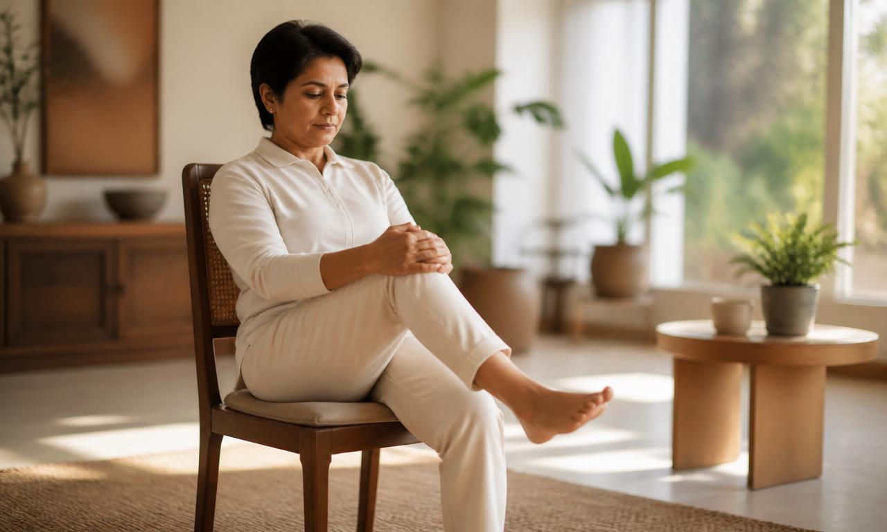 Person performing a seated knee-strengthening leg extension at home