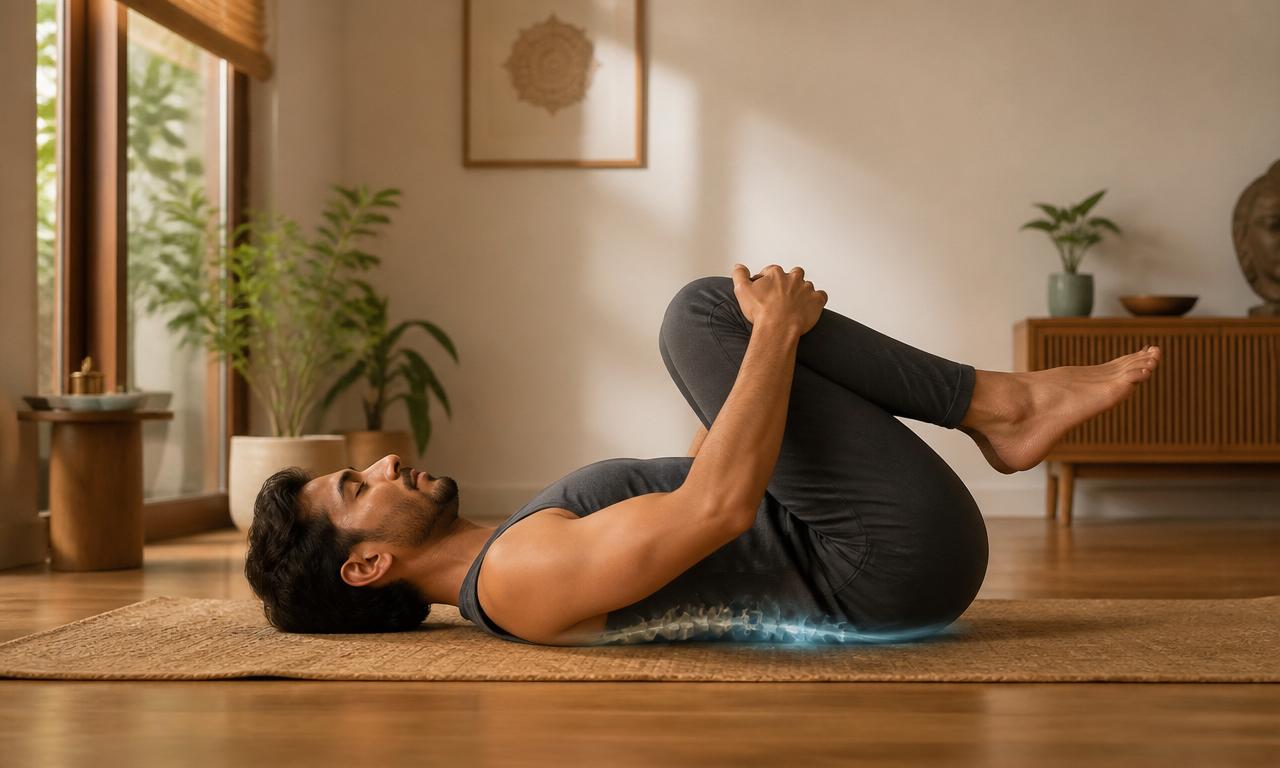 Person performing a spinal mobility pose on a yoga mat at home